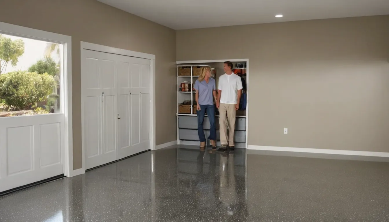 A freshly coated flake epoxy garage floor in a Credit River home with the door open to a sunny driveway